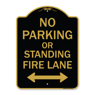 Enseigne Signmission Designer Series - Pas de stationnements ni de places debout, couloir de feu (avec flèche bidirectionnelle) | Enseigne architecturale noire et dorée en aluminium de gros calibre 18 po x 24 po | Fabriqué aux États-Unis