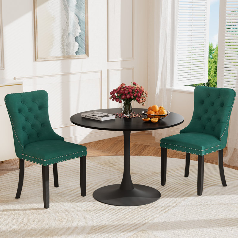 Round Pedestal Dining Set with 2 chairs, Green, Black/Black