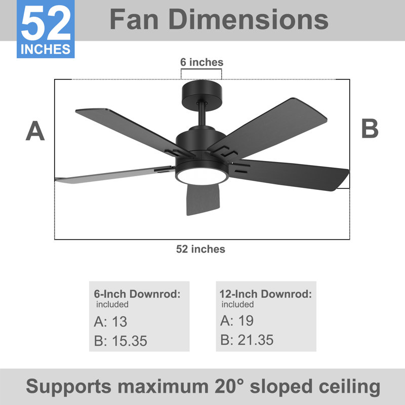 Smart 5 Blade Ceiling Fan With Integrated Light, Modern Indoor Design For Living Room, Bedroom And Dining Areas, Black, 52"