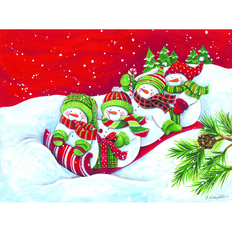 «Snowmen Sledding Fun» par Diane Kater - impression sur toile tendue, H 36 po x l 48 po