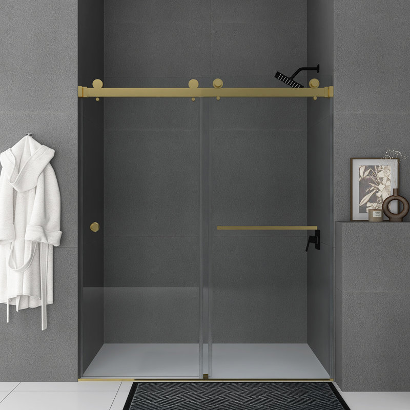 Porte de douche coulissante sans cadre de 55 à 59 po x H 72 po, Doré