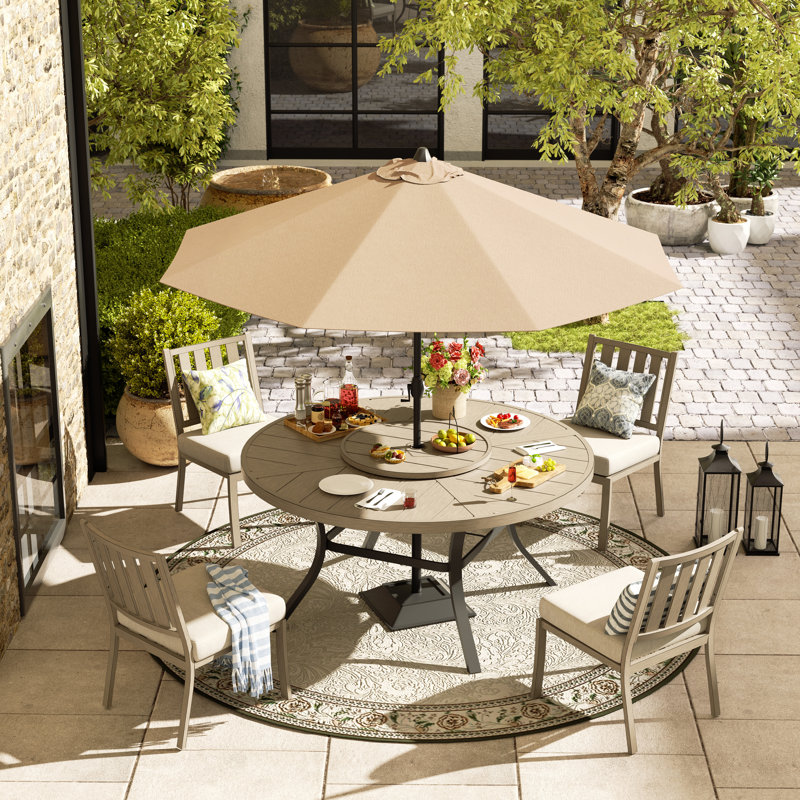 Azur Patio Round 60" Lazy Susan Dining Set With Sunbrella® Cushions And Sunbrella® Umbrella