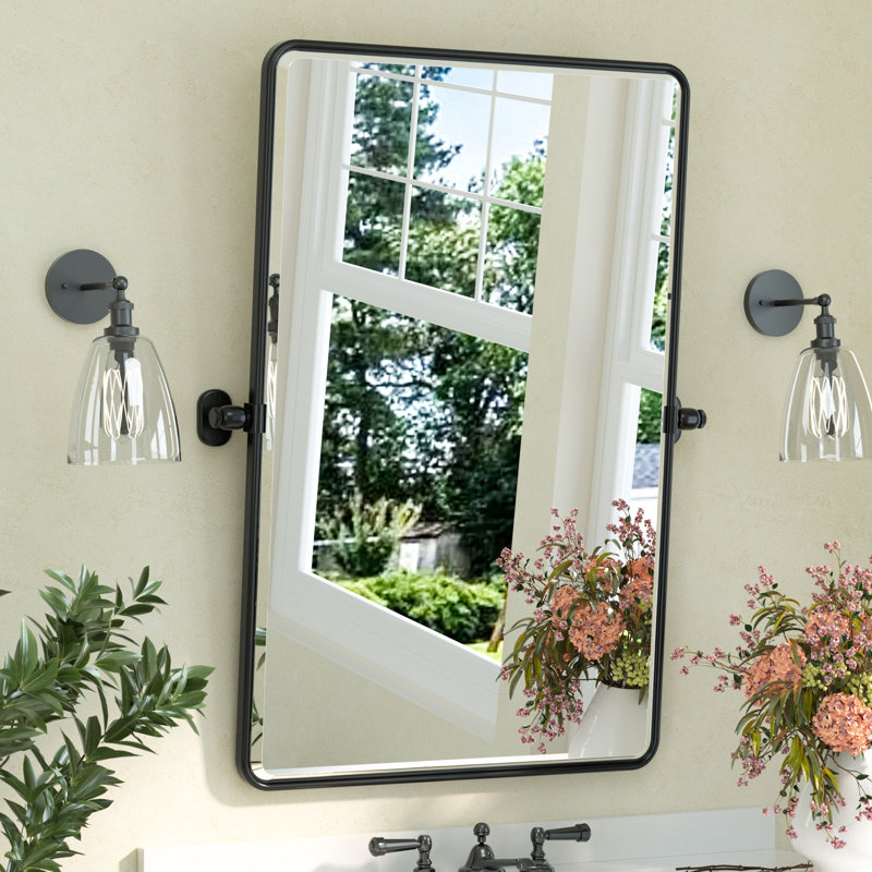 Bathroom Tilt Mirror with Beveled Glass, Pivot Mirror, Matte Black, 36" x 24"