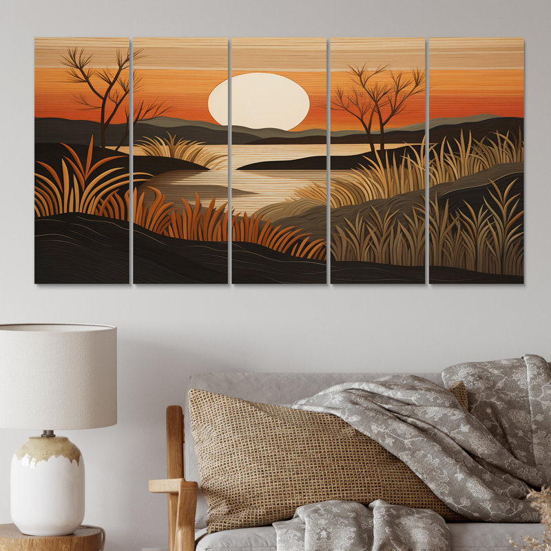 «Landscape Tranquility Full Moon Golden Fields III», art mural sur toile prairie - 5 panneaux égaux