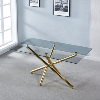 Table de salle à manger rectangulaire en verre trempé avec base en acier inoxydable, design d'intérieur de salle à manger moderne, pour 6 personnes