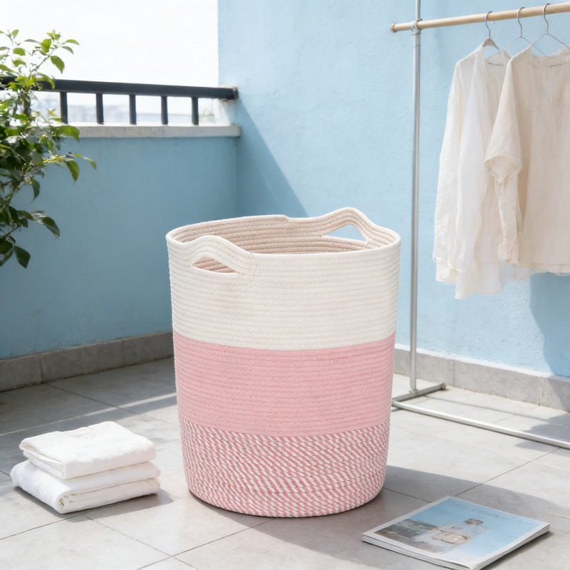 Large Cotton Rope Storage Basket With Handles, Collapsible Laundry Hamper And Organizer For Toys, Clothes, And Home Decor