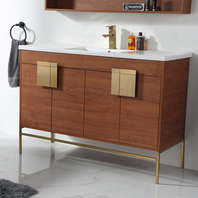 Ensemble de meuble-lavabo simple 48 po Maisie, Laiton satiné, Noyer épicé
