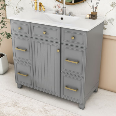 Meuble-lavabo 36 po avec lavabo en céramique, armoire de rangement avec porte à fermeture douce et 3 tiroirs