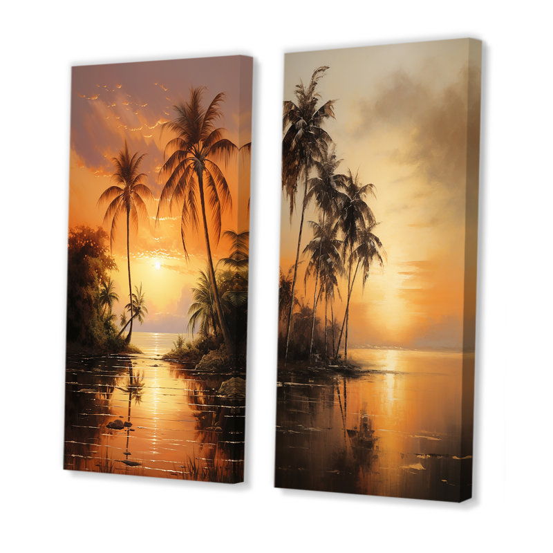 Palmier, escapade tropicale, coucher de soleil, bronze, plage, palmiers et palmiers, ensemble d'art mural sur toile