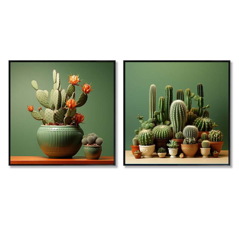 Cactus Jade Juxtaposition - Cactus carré, ensemble de 2 collages, Cadre flottant noir, H 16 po x l 33 po