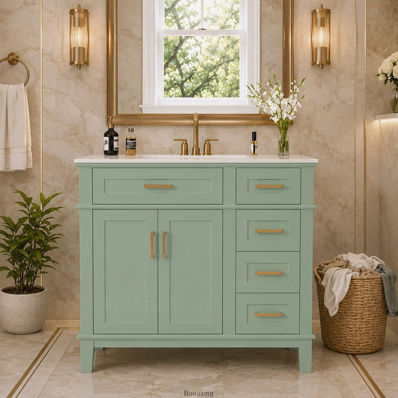 Meuble-lavabo moderne vert clair de 91 cm (36 po) avec lavabo en céramique, porte à fermeture en douceur et 4 tiroirs de rangement