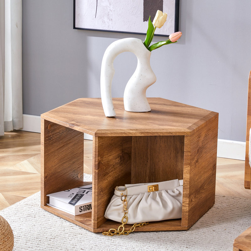 Hexagonal MDF Coffee Table, Characteristic Pattern Stickers, Multi-Hole Design To Give More Storage Space