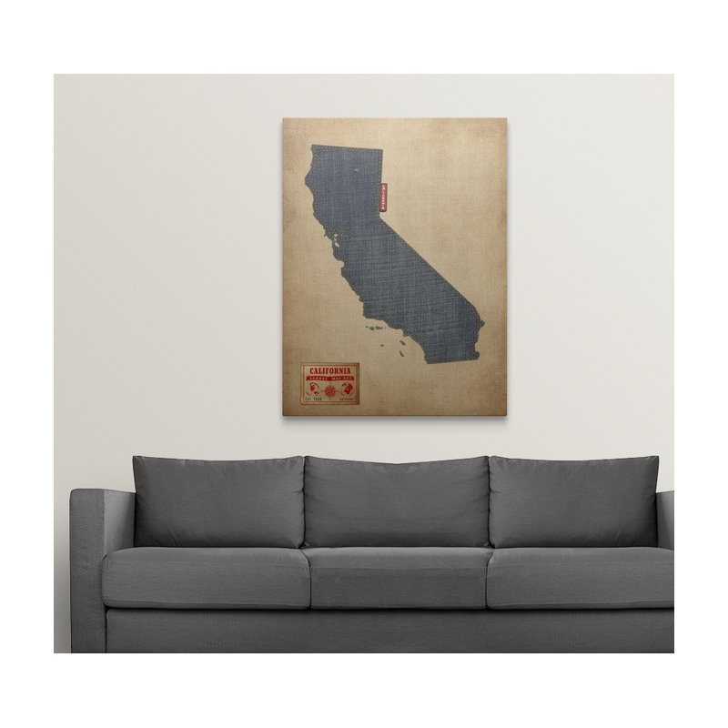 «California Map Denim Jean Style» par Bellen, impression, H 48 po x l 36 po x P 1,5 po, Toile