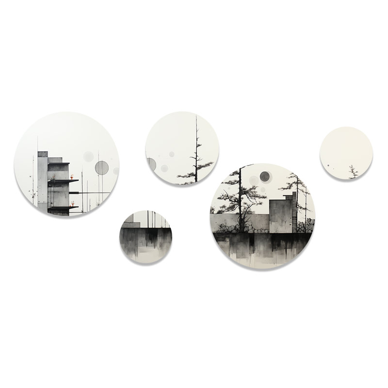 Ensemble de 5 mosaïques murales rondes gris et gris Greometric