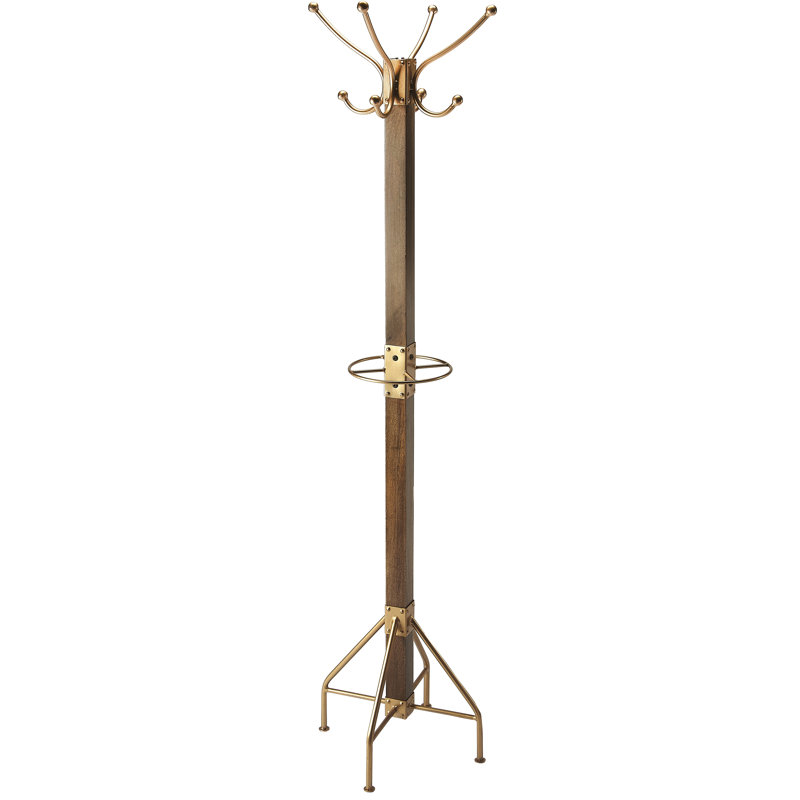 Logan Square 8 - Hook Coat Rack, Antique Gold/Medium Brown
