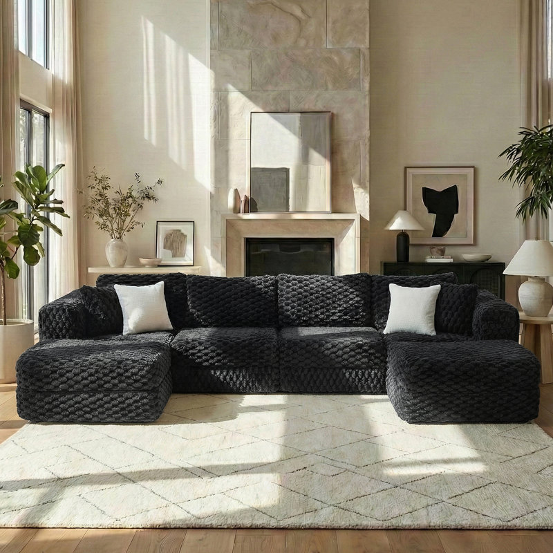 Canapé modulaire en forme de U de 135,4 po avec 2 repose-pieds mobiles pour le salon, Noir