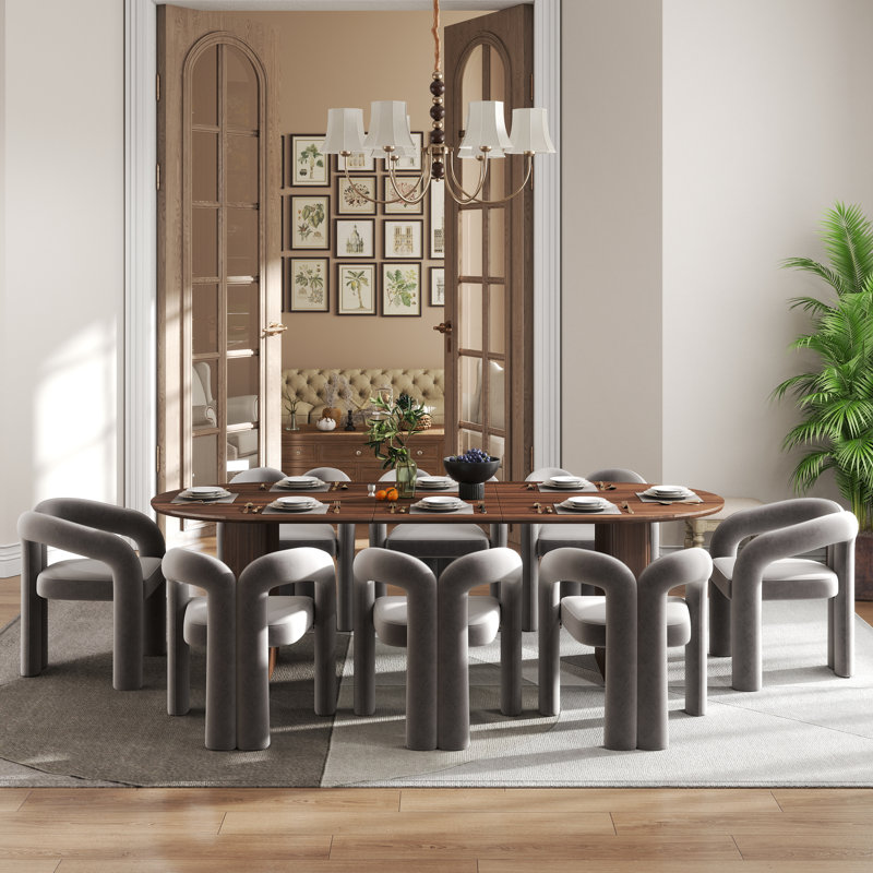 Modern Farmhouse Extendable 59.06" to 90.55" Table Dining Set for 4-8, 9 Pieces: Table, 8 Chairs, Gray, Walnut