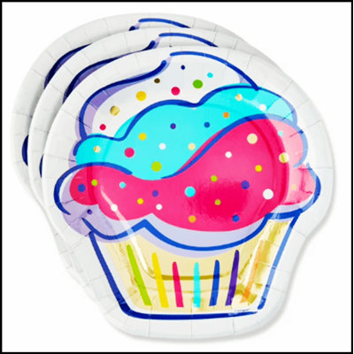 Cupcake Shaped Disposable Paper Dessert Plates, Multicolor, Perfect for Parties and Celebrations, 8.25 in, 10 Count