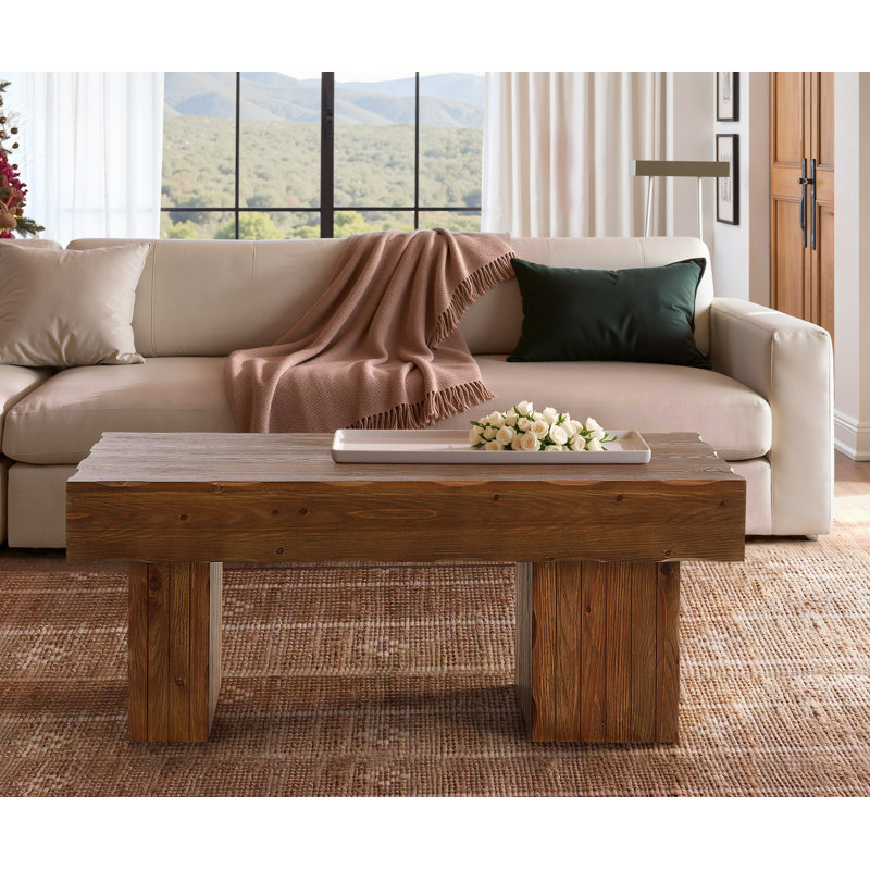 Farmhouse Solid Wood Coffee Table with Thick Top, Rectangular Rustic Centre Table for Living Room