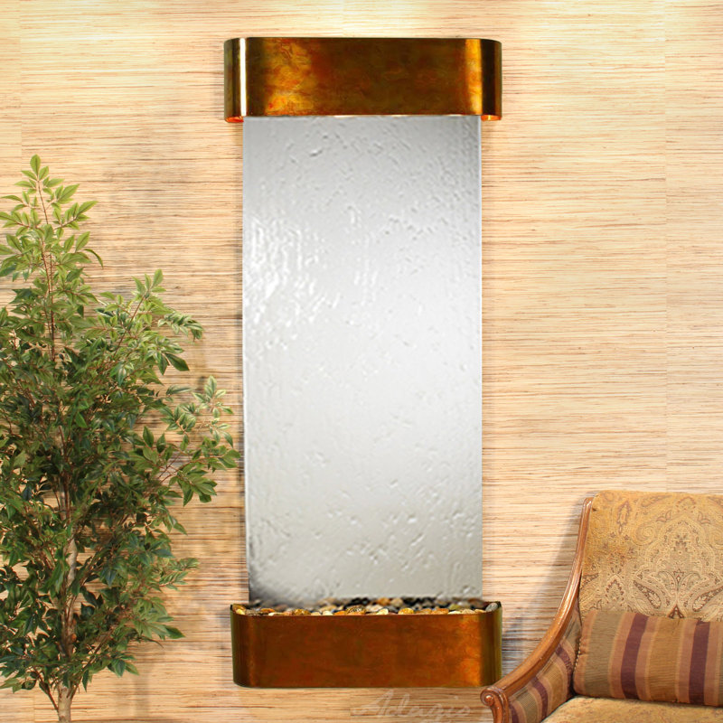 Inspiration Falls Natural Stone Fountain with Light, Rustic Copper, Silver Mirror