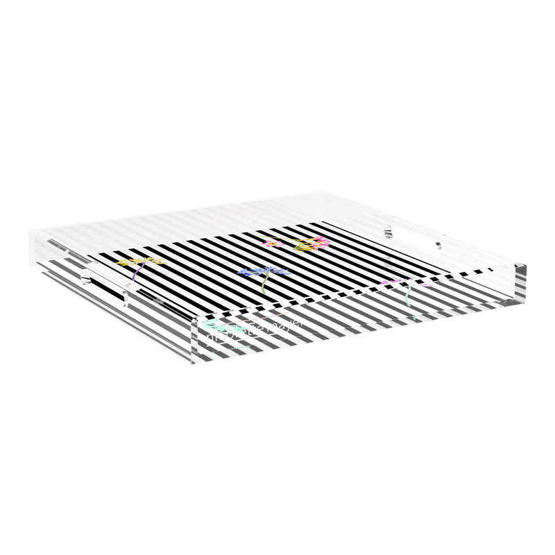Dapper Acrylic Square Decorative Tray, 18"W x 18"D x 2"H, Black, Floral Stripes Black