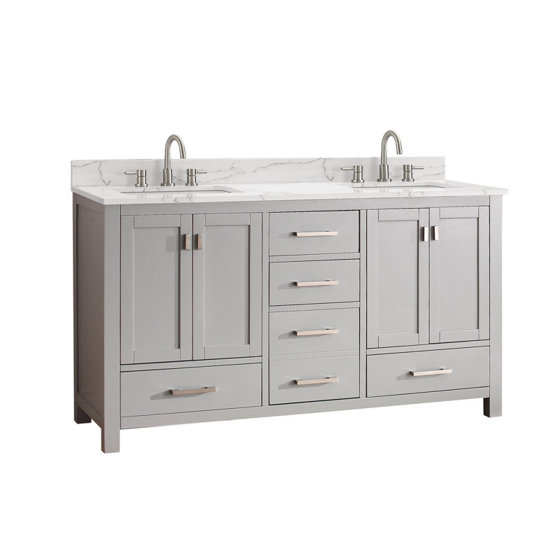 Meuble-lavabo double 60 po avec plateau Souther, Gris givré, Marbre blanc de Cala