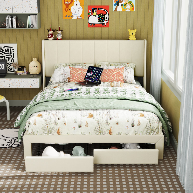 Wendla Modern Upholstered Wooden Bed Frame with USB Ports and Storage Drawer for Bedroom Guest Room, Beige, Queen