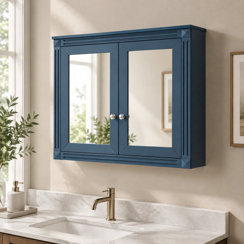 Armoire de salle de bain murale bleue avec miroirs, 91 x 72,5 cm, bois massif et MDF, 2 tablettes réglables