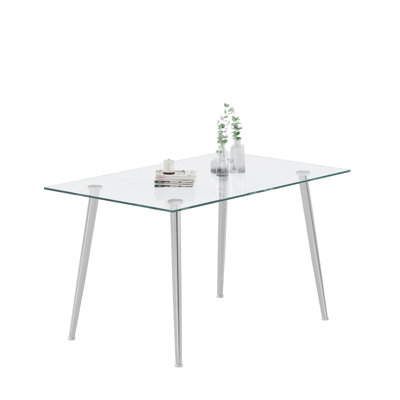 0.32" Thick Tempered Glass Top Dining Table With Silver Stainless Steel Legs, Elegant And Simple - To Use Design For Any Space, Long Lasting Easy Wipe Glass, Stable Non Rusting Metal