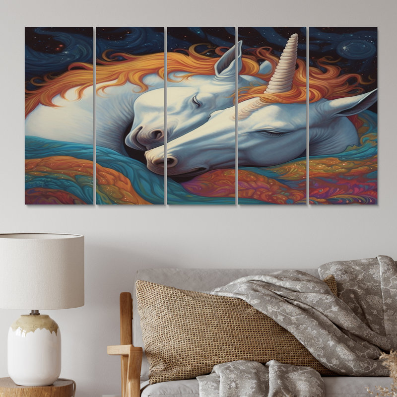 «Cute Unicorns Sleeping Together» - Impression sur toile Licorne fantastique - 5 panneaux égaux