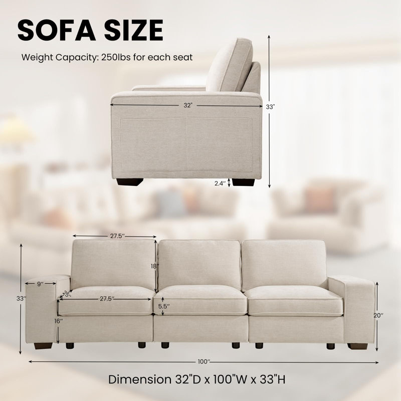 Beige Chenille Fabric 100" Modular Sofa with Storage and Pillow Back