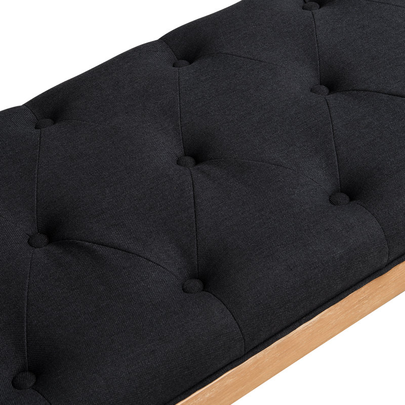 Calla Classic Tufted Upholstered Bench With Curved Arms And Solid Wood Frame, Charcoal Gray Cushion/Natural Frame