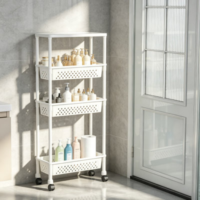 Chariot de rangement à roulettes étroit à 4 niveaux, organisateur de salle de bain pour les espaces réduits, hauteur optimisée, étagères ventilées à séchage rapide, montage facile par simple emboîtement, étagère utilitaire polyvalente pour la cuisine, la buanderie, le bureau et la chambre d'enfant, blanc