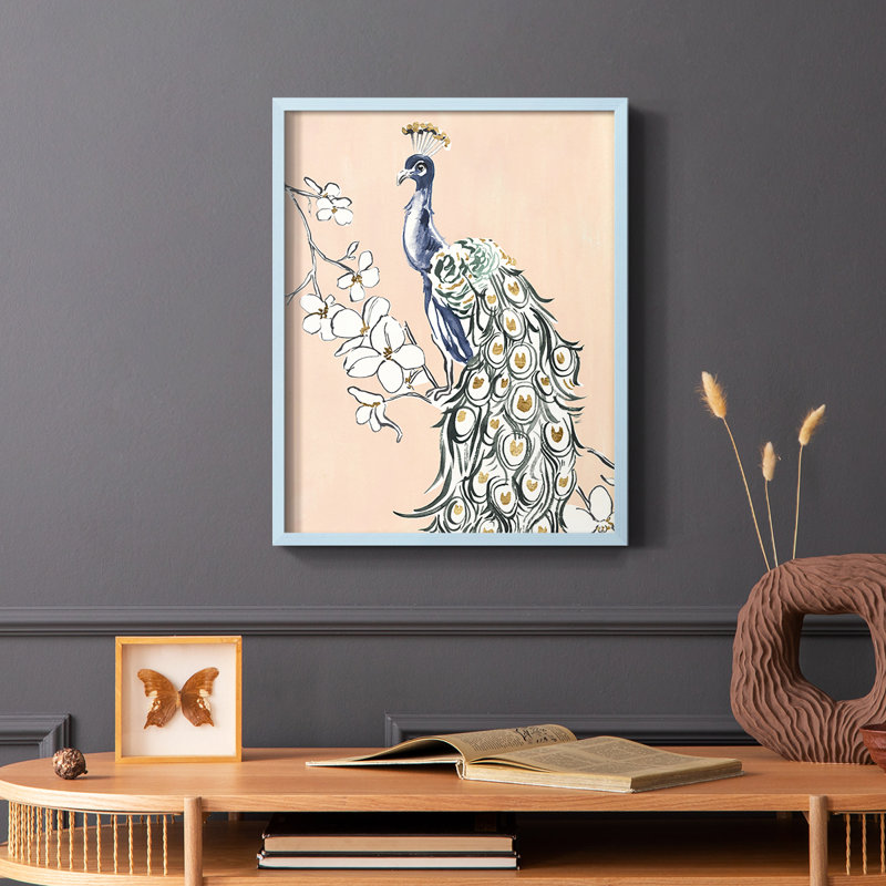 «Peacock in Gold IV», reproduction encadrée - bois massif, H 14 po x l 11 po, Bleu