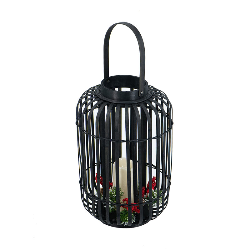 Lanterne cylindrique tissée en bambou noir avec bougie à DEL blanche réaliste | Décoration bord de mer 16,3 po de hauteur