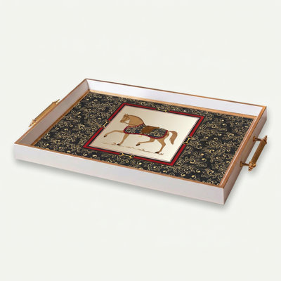 Equestrian Motif Glass Serving Tray with Ornate Metal Handles