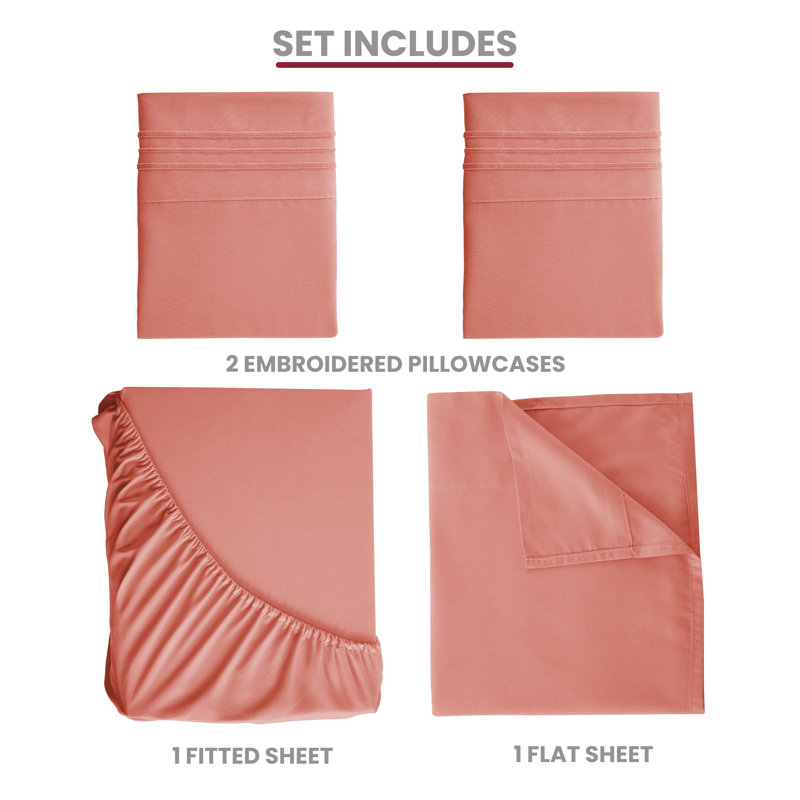 Lux Decor 4-Piece Ultra Soft Microfiber Sheet Set Deep Pocket Fitted Sheet, Wrinkle-Resistant & Easy Care Bedding, Coral