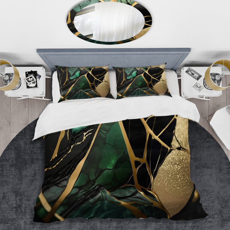 Abstract Geode Green III - Ensemble de housse de couette moderne - Polyester microfibre