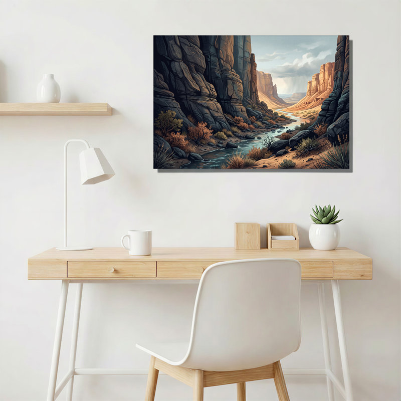 " Canyon River Scene With Tall Rock Walls And Desert Bushes " Painting Print, 32"H x 48"W