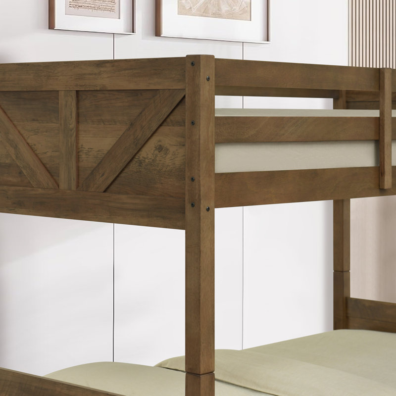 Lit superposé simple en bois massif avec tête de lit à panneau Appolon, Brun