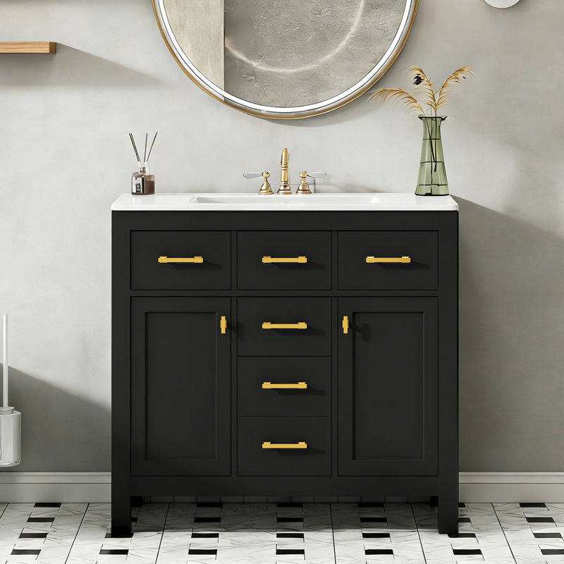Meuble-lavabo autoportant ‌36 pouces en bois massif avec lavabo en céramique - 4 tiroirs, 2 armoires de rangement, Noir