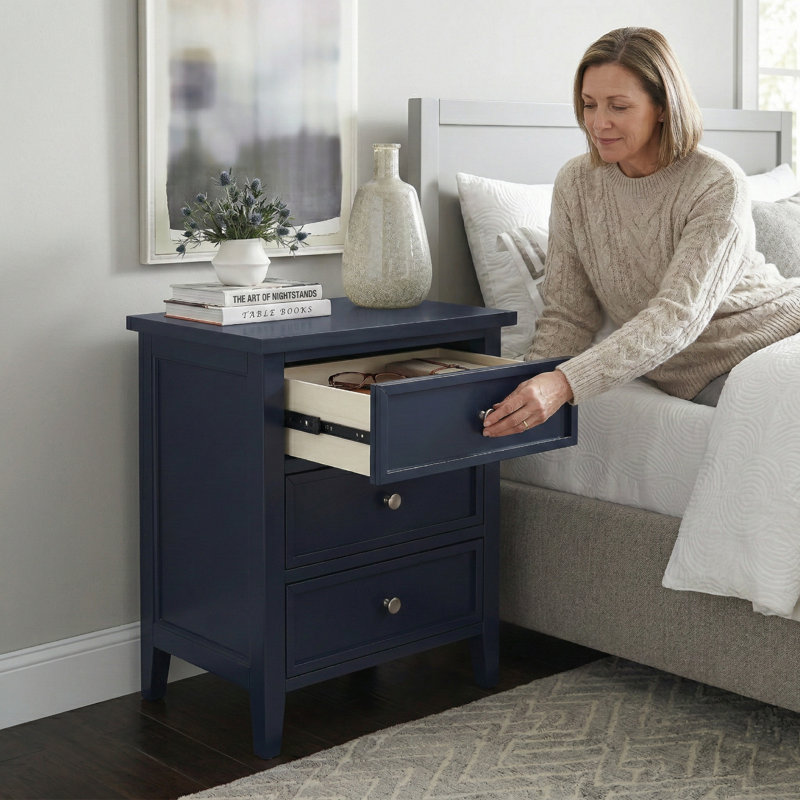 Table de chevet à 3 tiroirs en bois l 22,75 po Ainis, Bleu marine