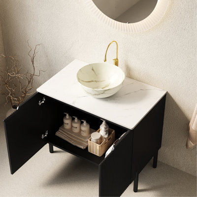 Meuble-lavabo autoportant de 30 po, lavabo en céramique blanc, blanc, 2 portes, noir, fermeture en douceur, meuble-lavabo moderne avec lavabo bol et comptoir en pierre frittée, armoire de rangement à 2 portes, scandinave