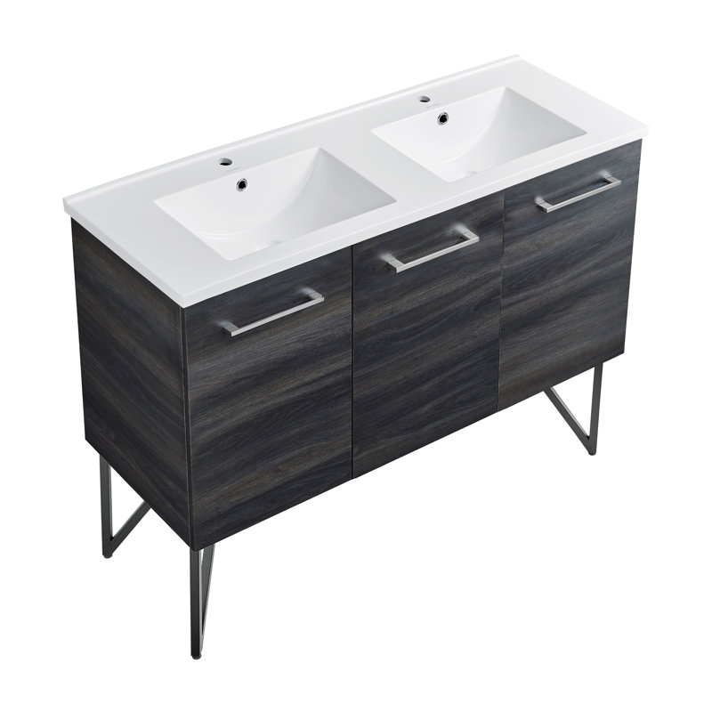 Annecy 48 In. Black Walnut, Double Basin Bathroom Vanity With White Ceramic Sink Top