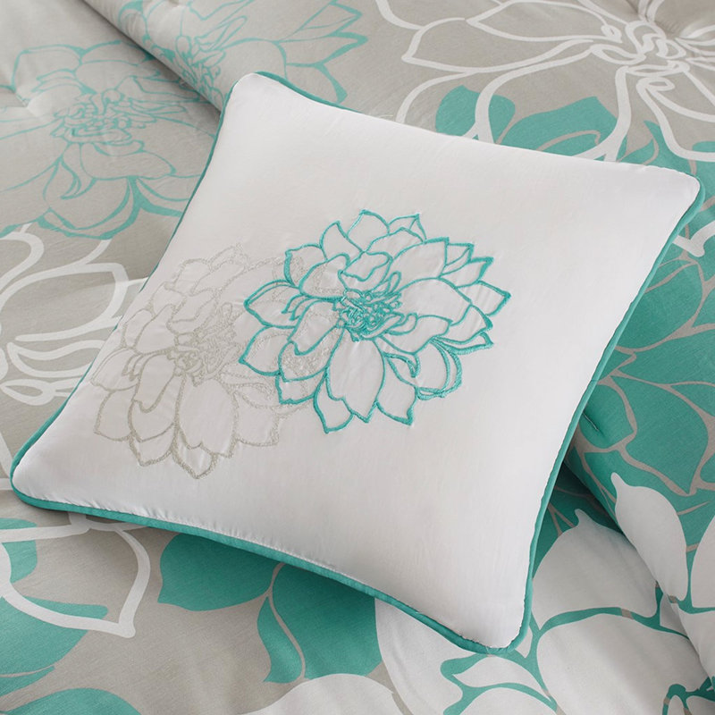 Twin/twin Xl Printed Cotton Comforter Collection - Filling, Stunning Floral, Bed Skirt, 2 Shams, 3 Ornamental Pillows With Embroidery For A Graceful Bedroom Captivating Floral Design, , Decorative