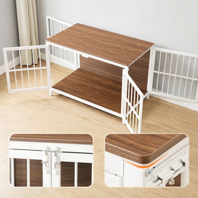 Mobilier de cage robuste pour chien, chenil d'intérieur en bois avec 3 portes, cage en métal résistant au mâchonnage pour les petites et moyennes races, table d'appoint pour cage de chien