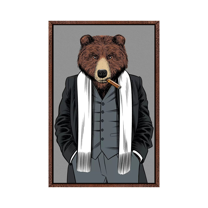 Gangster Grizzly by Alberto Perez - Print on Canvas, 101.6cm H x 66.04cm W x 3.81cm D, Classic Brown Wood Framed