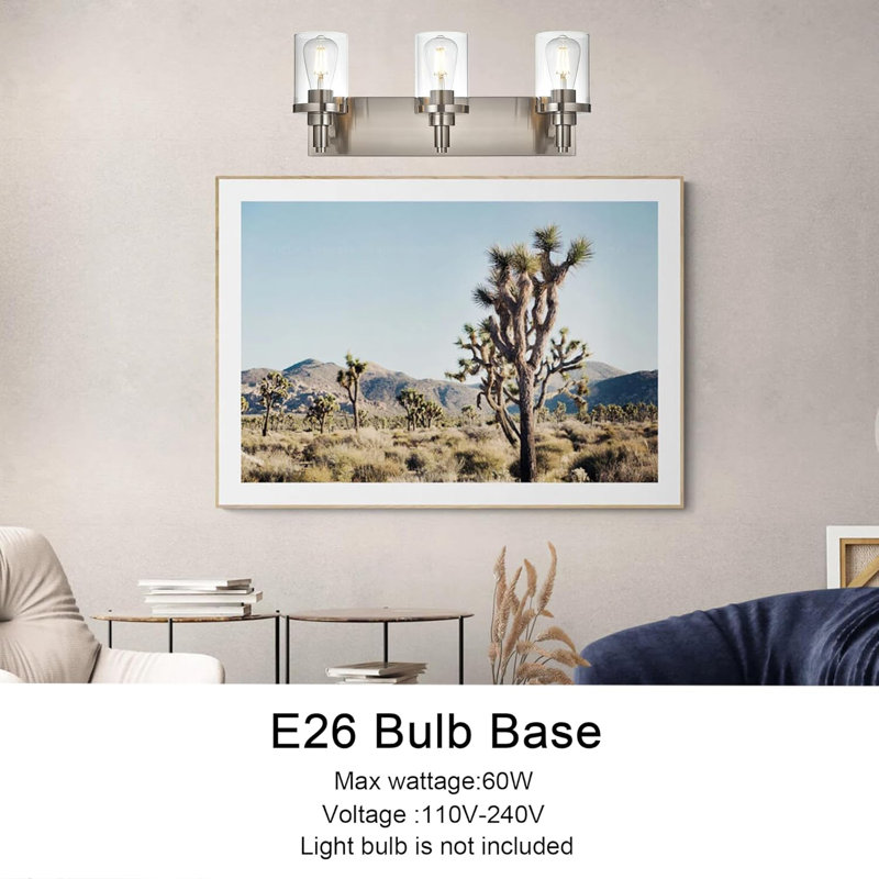 Applique murale de meuble-lavabo moderne à 3 lumières avec abat-jour en verre transparent, finition nickel brossé industriel, base E26, idéale pour la salle de bain, la chambre à coucher, la cuisine et le couloir