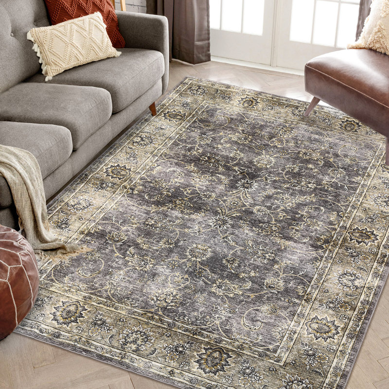 Machine Washable Vintage Rug Non Slip Non Shedding Low Pile Rug Ultra-Soft Floral Distressed Throw Floor Cover Foldable Indoor Carpet for Living Room Bedroom Playroom Nursery Dorm