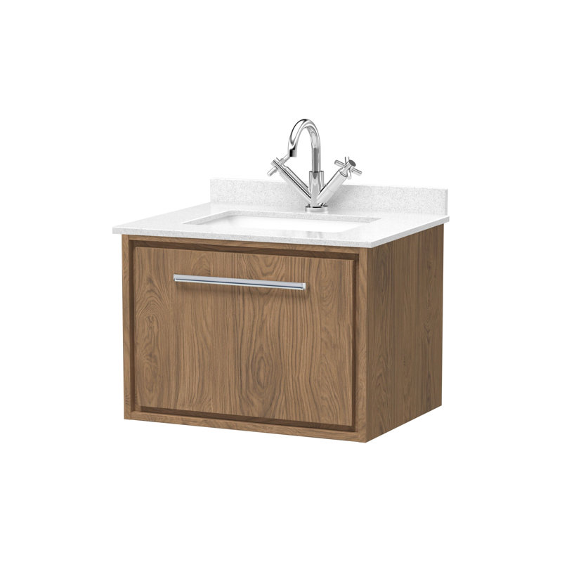 Hudson Reed Lille 600mm Antique Oak 1 Drawer  Wall Hung Vanity Unit With Square Basin With Marble Worktop, Antique Oak